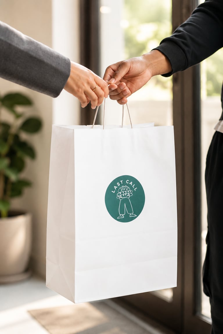 Last Call bag being handed to a customer
